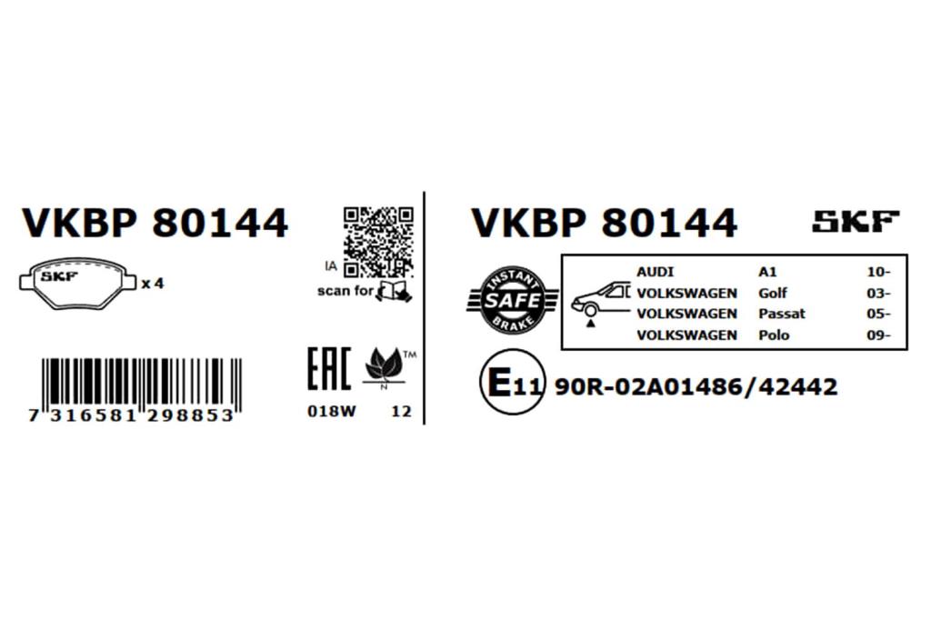 Jeu de 4 plaquettes de frein SKF ref. VKBP 80144